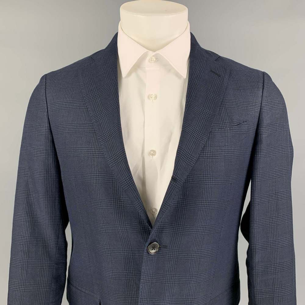 SALVATORE FERRAGAMO Navy Plaid Linen Blend Notch Lapel Sport Coat - Picture 2 of 8